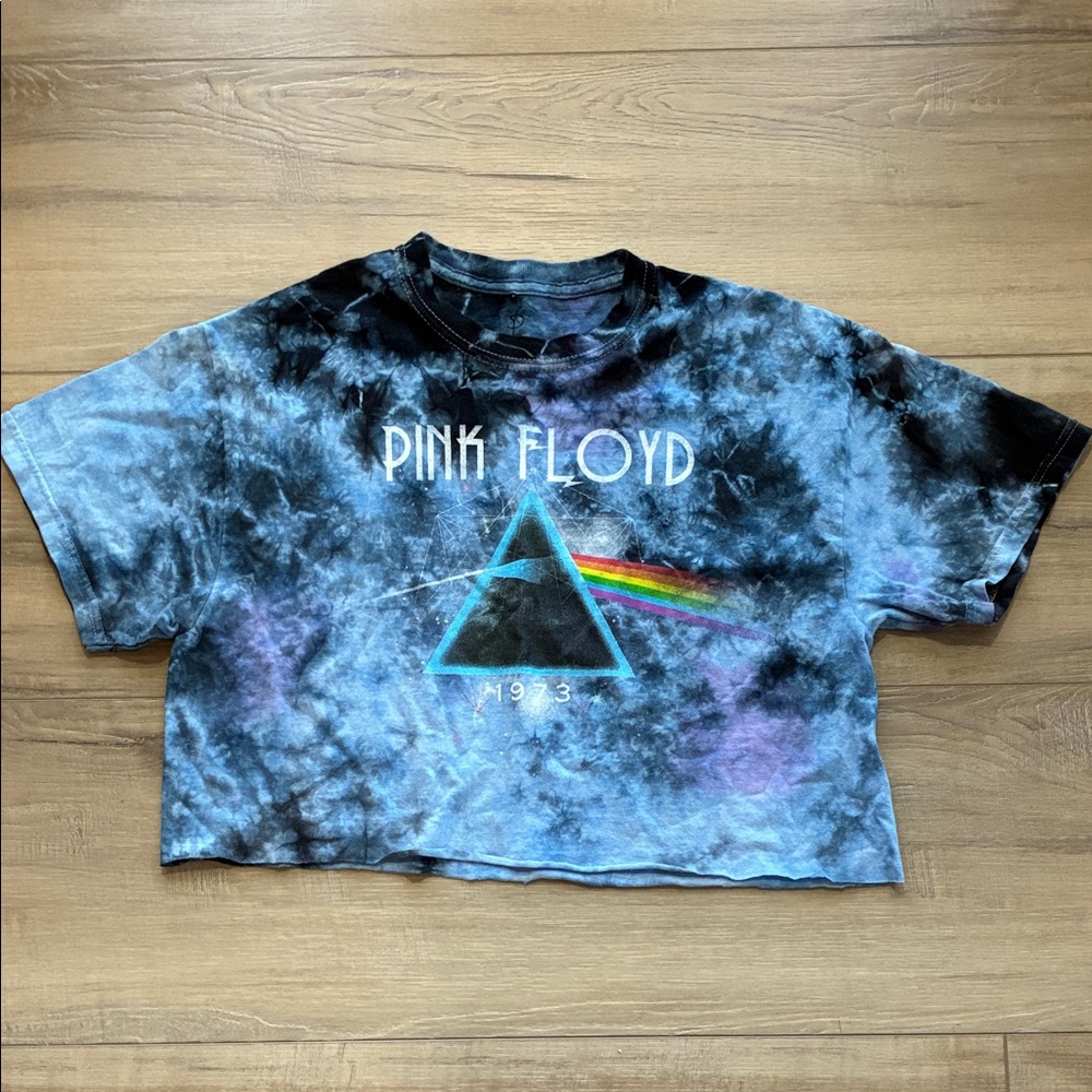 Pink Floyd Unhemmed Cropped Tie Dye T-Shirt - Blue and Black Size M